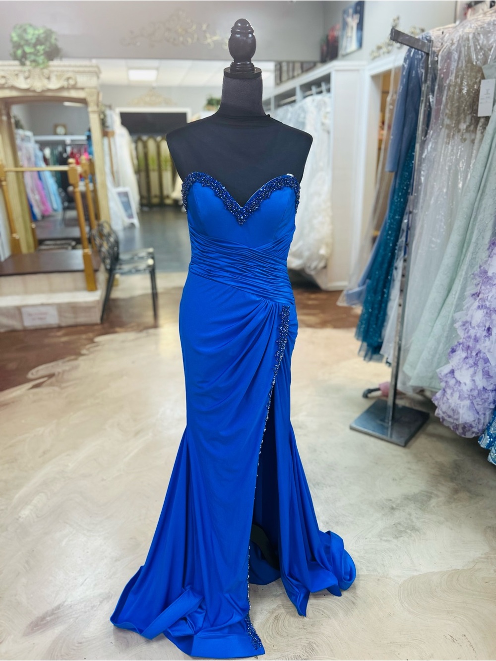 Ava Presley Strapless Royal Blue Beaded Prom Gown